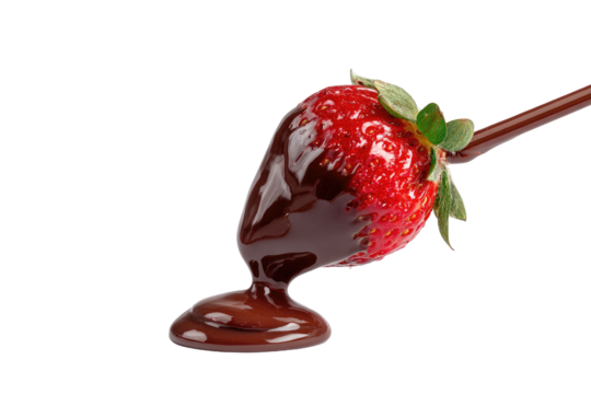 A single strawberry dipped in melted chocolate, held by a stick