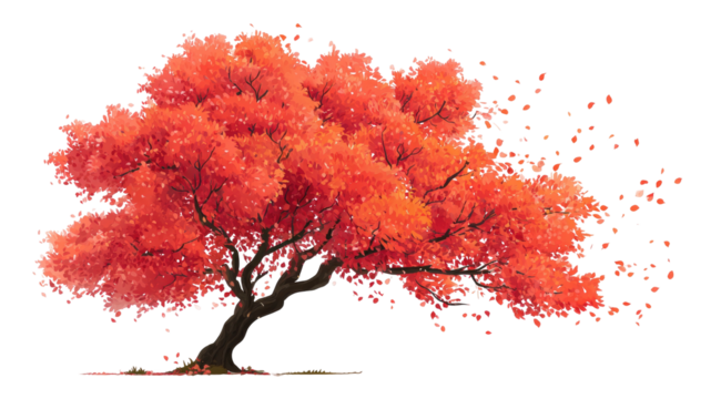 Vibrant crimson tree with scattered petals