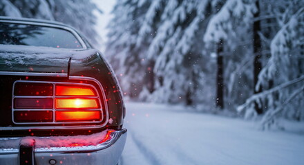 Car with brake light on a snowy road in a winter forest, cold weather travel and holiday season concept footage.