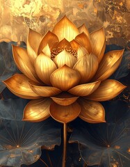 Exquisite golden lotus blooms amidst dark blue-grey leaves