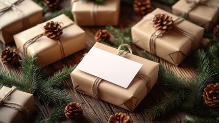 Rustic Christmas gifts wrapped in craft paper with pinecones on wooden table. Christmas decor and craftwork, eco friendly, sustainable concept.