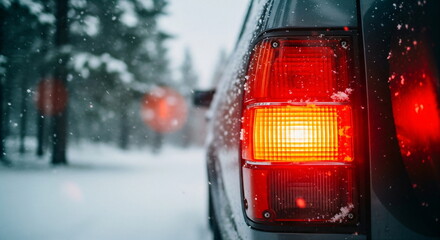 Car with brake light on a snowy road in a winter forest, cold weather travel and holiday season concept footage.