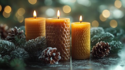 Three lit beeswax candles with textured surfaces and pinecones in soft holiday light. Christmas decor and craftwork, eco friendly, sustainable concept.