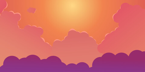 A dreamy, vibrant sunset illustration featuring a warm orange and yellow sky above soft, layered clouds in shades of pink, coral, and deep purple.