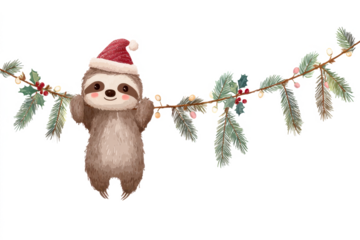 Cute sloth wearing a Santa hat hanging on a Christmas garland watercolor illustration for holiday cards and decorations isolated on white background