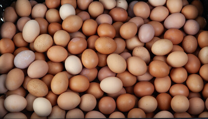 Fresh farm-raised chicken organic eggs of various colors and textures.