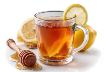 Hot tea with lemon and honey served in a glass mug natural remedy for cold and flu