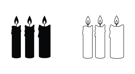 Three lit candles in silhouette on a white background showing both solid black and outline styles