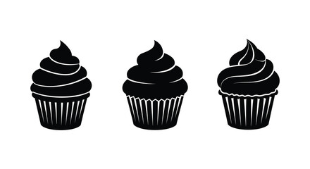 Three stylized black cupcakes with swirled frosting in a simple silhouette design on a white background silhouette