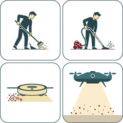 Cleaning automation: from broom to drone. Humans replaced by machines, symbolizing the loss of jobs due to technological progress and robotization. Set of 4 images.