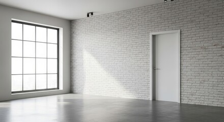 Obraz premium Minimalist modern interior with large industrial window and concrete walls clean empty space