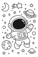 Vector cartoon illustration design art icon character drawing of a funny boy astronaut in space with a UFO and a spaceship