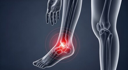 Medical illustration of the human ankle and foot highlighting pain or inflammation in the ankle joint, often associated with sprains, fractures, or musculoskeletal disorders for educational reference.