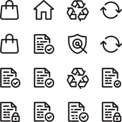 Document Management Icons Representing Verification Security and Approval in Black Outline