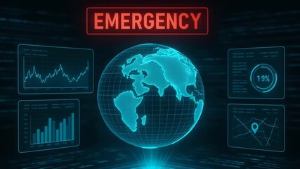 A digital representation of a globe with data analytics and an emergency alert, symbolizing global crises and technological responses. - Powered by Adobe