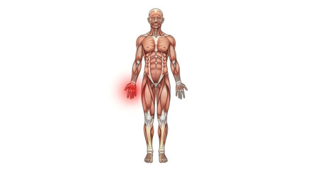 3D Medical Illustration of Full Body Muscular System Highlighting Pain in Right Hand with Red Area Indicating Discomfort for Clinical, Orthopedic, and Educational Purposes

