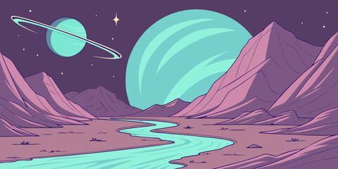 Alien desert landscape with glowing planet, meteor in starry sky, dreamy cosmic fantasy, sci-fi vector background for games. © M S R Salafi