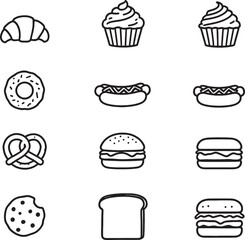 Line art of pretzel and cookie snacks on white background illustration
