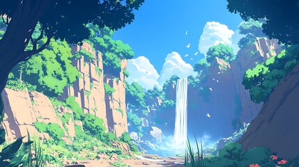 Animestyle landscape featuring a vibrant waterfall cascading into a serene pool, surrounded by lush greenery and towering cliffs under a clear blue sky