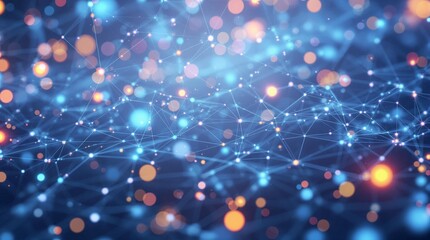 Abstract network grid in neon blue and orange colors, representing digital connections and data flow with space to copy