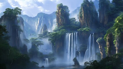 Breathtaking fantasy landscape featuring majestic waterfalls cascading down lush cliffs, surrounded by vibrant greenery and towering rock formations