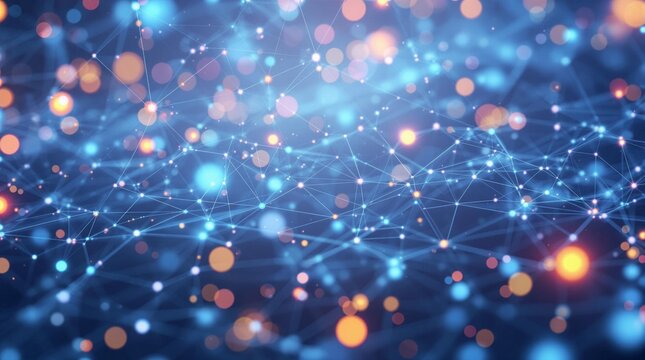 Abstract network grid in neon blue and orange colors, representing digital connections and data flow with space to copy - Powered by Adobe