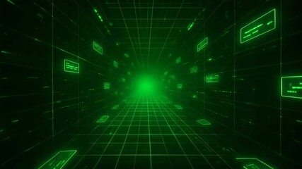 Futuristic digital tunnel with glowing green light, perfect for illustrating concepts of virtual reality and advanced technology. - Powered by Adobe