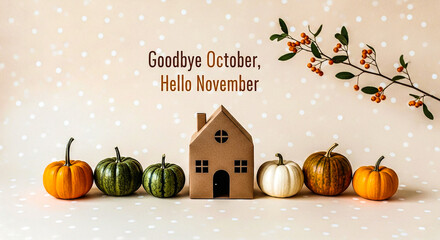 A charming autumn setup featuring a tiny house, colorful pumpkins, and a branch with berries, welcoming November. Perfect for seasonal decor.