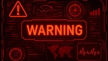 A striking red warning sign indicating caution and alertness, combined with high-tech graphics and warning symbols.
