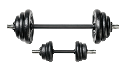 Set of black dumbbells and barbell