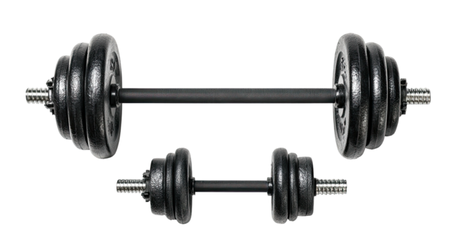 Set of black dumbbells and barbell