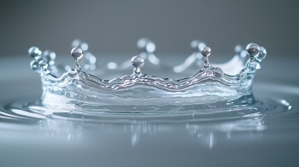 Droplet collision crown formation captured at precise impact moment with liquid surface showing perfect geometric patterns and crystalline structure details