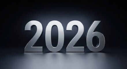 Metallic number 2026 representing the year two thousand twenty-six on a dark reflective surface symbolizing future events and new year