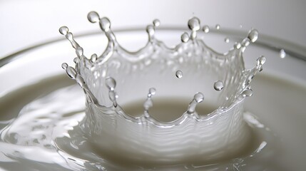 Perfect milk splash crown formation with symmetrical liquid peaks and droplets captured in high-speed photography showing dynamic motion and transparency