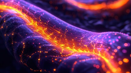 Glowing cable macro fiber optic light trails illuminated bundle orange purple flowing dynamic patterns dark background