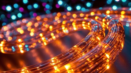 Curved fiber optics illuminated bundle flowing orange light trails transparent strands bokeh effect technology communication network data cables