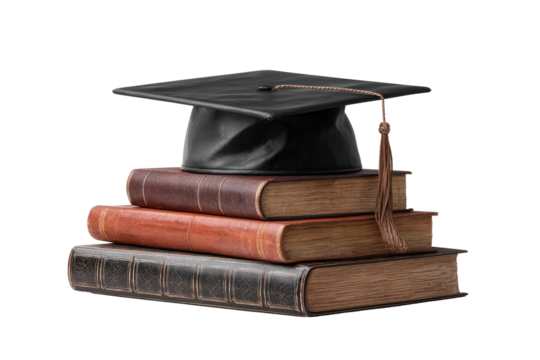 Graduation cap atop stacked antique books