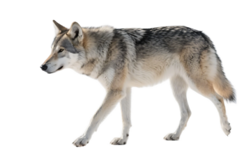 A gray and white wolf is seen walking with a clear background, showcasing its natural wild appearance.
