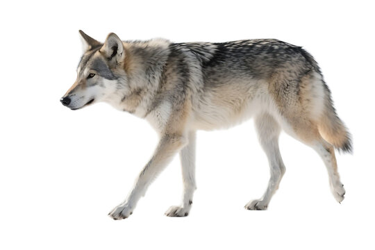 A gray and white wolf is seen walking with a clear background, showcasing its natural wild appearance.