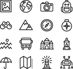 Vacation and travel vector icons collection with bus umbrella map and sea
