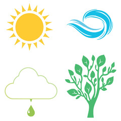 Four simple icons representing sun water wave rain cloud and green tree illustrating elements of nature