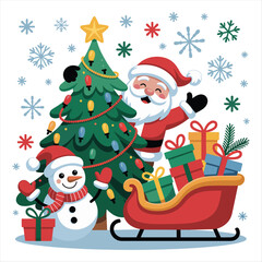Merry christmas scene with santa claus snowman tree and gift sleigh holiday celebration