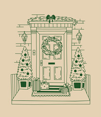 Christmas composition featuring a wreath decorated front door, spruces and gift boxes on the porch. Whimsical, hand drawn vector doodle illustration for festive atmosphere.