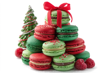 Festive Christmas macarons arranged in a pyramid decorated with a red bow and sprinkles perfect for holiday desserts and seasonal treats