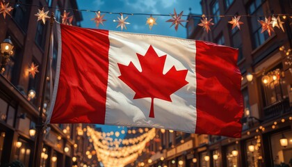 Celebrate Canada with a vibrant red maple leaf flag waving proudly amidst festive lights in a charming European-style streetscape at dusk