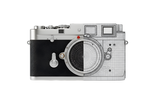 Vintage camera split between realistic photo and technical blueprint design