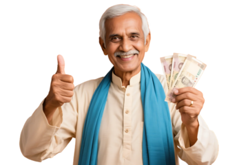 Elderly man with thumbs up holding Indian currency notes, indicating financial satisfaction and success.