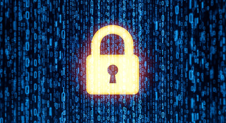 A glowing digital lock symbolizes cybersecurity, set against a vibrant blue binary code background, emphasizing data protection and encryption.