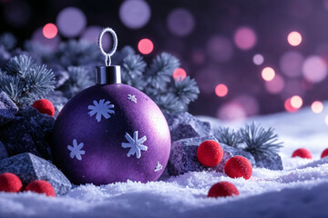 Purple Christmas Ornament in Snow with Festive Bokeh Lights
