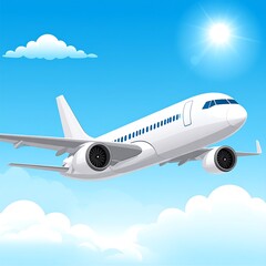 Fototapeta premium A white aircraft soars through a bright blue sky, surrounded by fluffy clouds